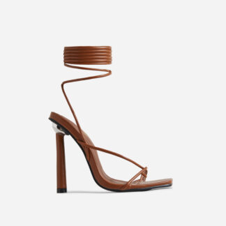 Desire Lace Up Twisted Strap Square Toe Round Thin Block Heel In Tan Brown Faux Leather, Brown