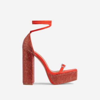 Tahlia Diamante Detail Square Toe Platform Block Heel In Red Faux Suede, Red