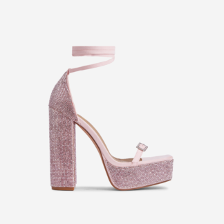 Tahlia Diamante Detail Square Toe Platform Block Heel In Pink Faux Suede, Pink