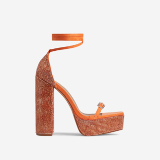 Tahlia Diamante Detail Square Toe Platform Block Heel In Orange Faux Suede, Orange
