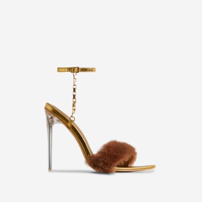 Elina Faux Fur Strap Chain Detail Pointed Toe Clear Perspex Heel In Gold Croc Print Faux Leather, Gold