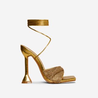 Sami Lace Up Diamante Bow Detail Square Toe Sculptured Heel In Gold Faux Leather, Gold