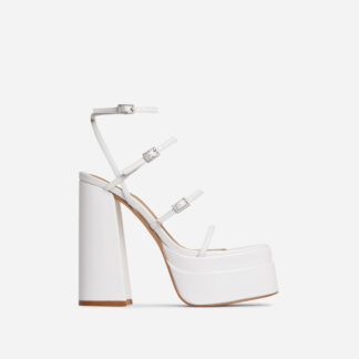 Mavery Strappy Diamante Buckle Square Toe Statement Platform Block Heel In White Patent, White