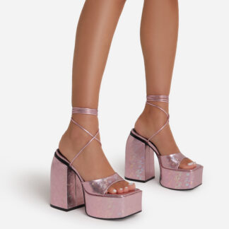 Declan Lace Up Square Peep Toe Statement Platform Block Heel In Pink Holographic Faux Leather, Pink