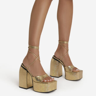 Declan Lace Up Square Peep Toe Statement Platform Block Heel In Gold Holographic Faux Leather, Gold