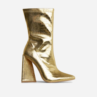 Global Pointed Toe Sculptured Block Heel Ankle Boot In Gold Croc Print Faux Leather, Gold