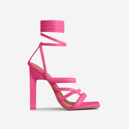 Priscilla Lace Up Padded Strap Square Toe Thin Block Heel In Pink Faux Leather, Pink