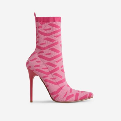 Ricochet Pointed Toe Ankle Sock Boot In Pink Printed Knit, Pink