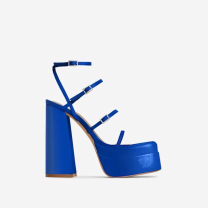 Mavery Strappy Diamante Buckle Square Toe Statement Platform Block Heel In Blue Patent, Blue