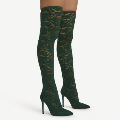 Oly Pointed Toe Over The Knee Thigh High Long Heel Sock Boot In Dark Green Floral Print Lace, Green