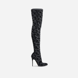 Alberta Pointed Toe Over The Knee Thigh High Long Sock Boot In Black Printed Knit, Black