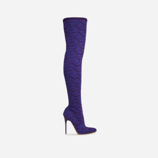 Alberta Pointed Toe Over The Knee Thigh High Long Sock Boot In Purple Printed Knit, Purple