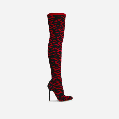 Alberta Pointed Toe Over The Knee Thigh High Long Sock Boot In Red Printed Knit, Red