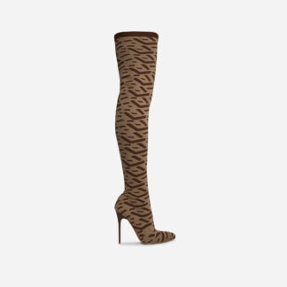 Alberta Pointed Toe Over The Knee Thigh High Long Sock Boot In Nude Printed Knit, Nude