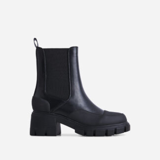 Bianca Chunky Sole Ankle Chelsea Biker Boot In Black Faux Leather, Black