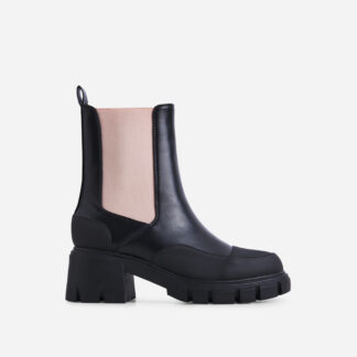 Bianca Chunky Sole Pink Side Panel Detail Ankle Chelsea Biker Boot In Black Faux Leather, Black