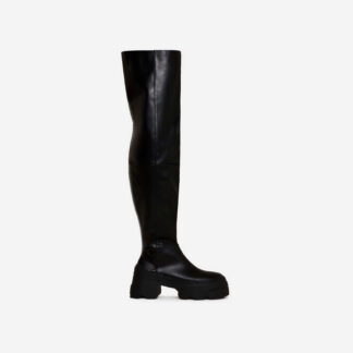 Percy Chunky Sole Over The Knee Thigh High Long Biker Boot In Black Faux Leather, Black