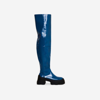 Percy Chunky Sole Over The Knee Thigh High Long Biker Boot In Blue Patent, Blue