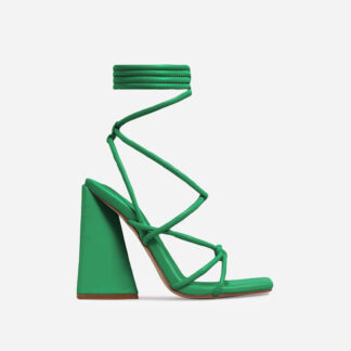 Date-Night Knotted Detail Lace Up Square Toe Sculptured Flared Block Heel In Bright Green Faux Leather, Green