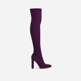 Only-Fans Block Heel Over The Knee Thigh High Long Sock Boot In Purple Ribbed Knit, Purple