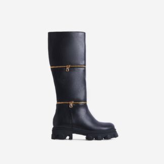 Pola Zip Detail Chunky Sole Mid Calf Knee High Long Biker Boot In Black Faux Leather, Black