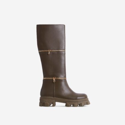 Pola Zip Detail Chunky Sole Mid Calf Knee High Long Biker Boot In Khaki Green Faux Leather, Green