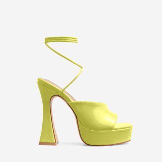 Romini Lace Up Platform Square Peep Toe Flared Block Heel In Lime Green Patent, Green