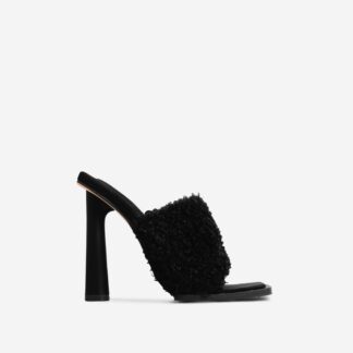 Sunny Square Toe Round Block Heel Mule In Black Faux Shearling, Black