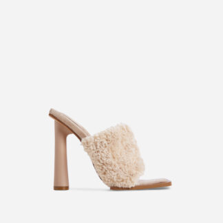 Sunny Square Toe Round Block Heel Mule In Cream Nude Faux Shearling, Nude