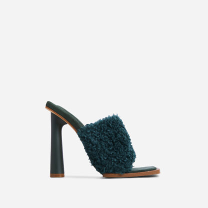 Sunny Square Toe Round Block Heel Mule In Dark Green Faux Shearling, Green