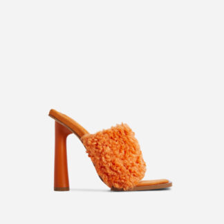 Sunny Square Toe Round Block Heel Mule In Orange Faux Shearling, Orange