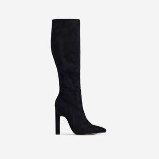 Yoki Pointed Toe Thin Block Heel Knee High Long Boot In Black Faux Suede, Black