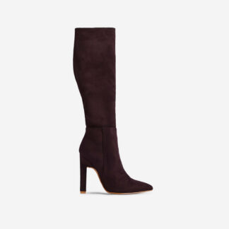 Yoki Pointed Toe Thin Block Heel Knee High Long Boot In Dark Brown Faux Suede, Brown