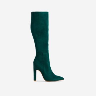 Yoki Pointed Toe Thin Block Heel Knee High Long Boot In Dark Green Faux Suede, Green